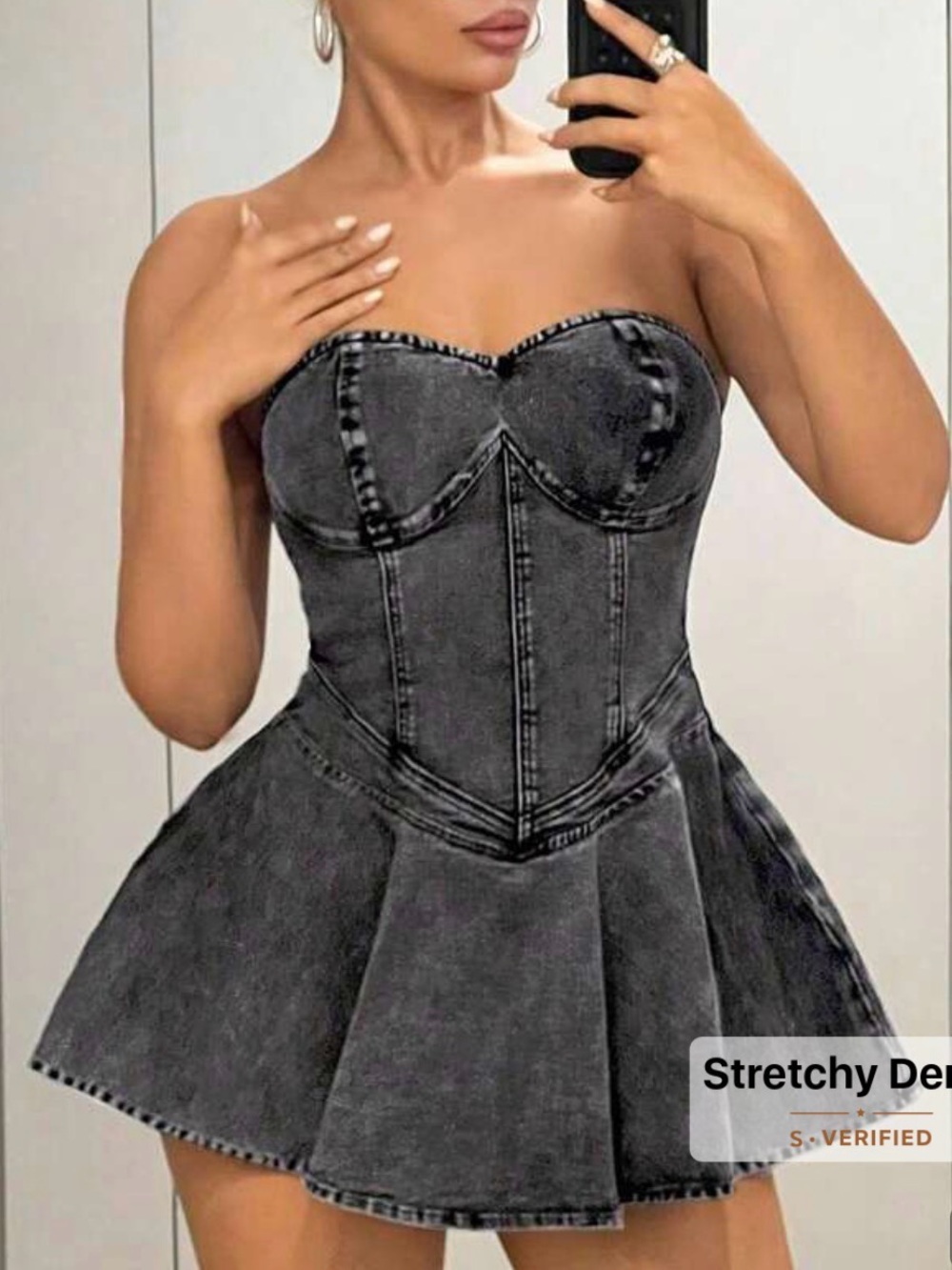 SHEIN Black Wash Strapless Denim Corset Skater Dress